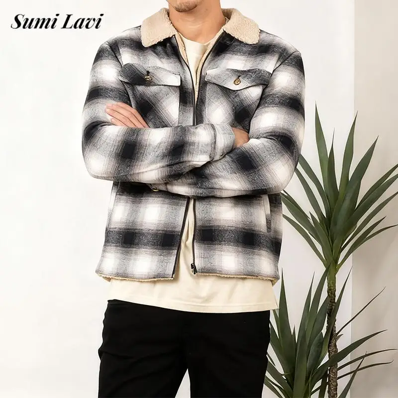 

Новая повседневная мужская куртка на молнии, пальто, осень-зима, теплая верхняя одежда с флисовой подкладкой для мужчин, повседневные кардиганы с клетчатым принтом и текстурированным принтом