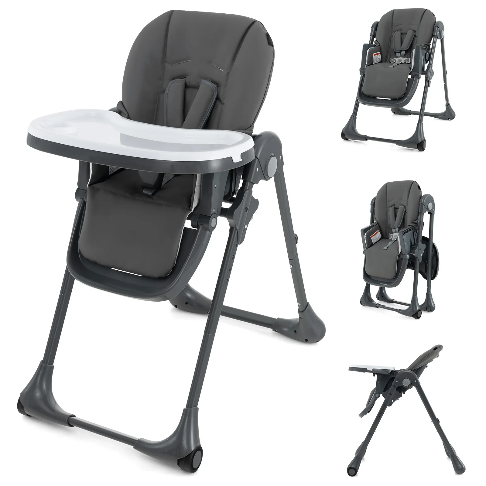 Baby High Chair with 7 Height & 3 Footrest Adjustable Cup holder 2 Wheels