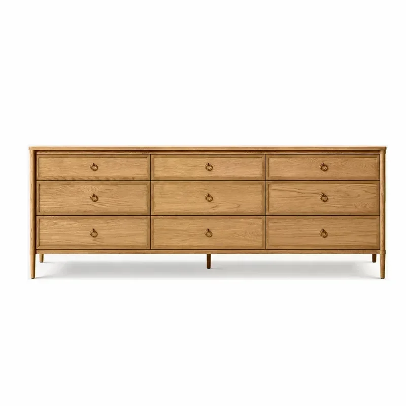 Modern Simple 9 Drawer Chest Natural Color Multi Functional Storage Cabinet with Sturdy Wooden Legs and Durable Wood Top