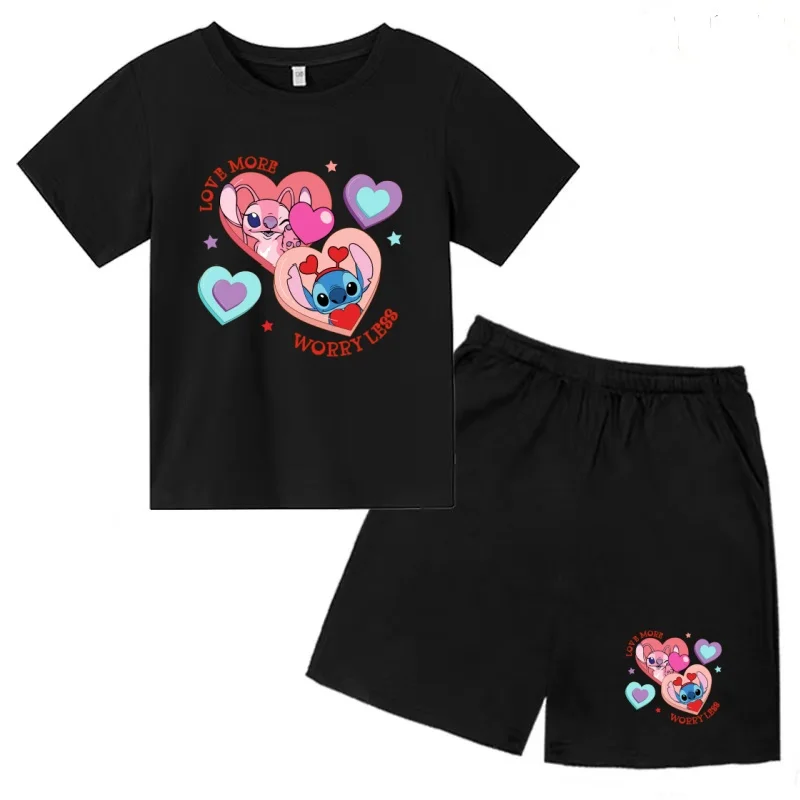 

Kids Cool Summer Anime Love Couple Print New Boys Girls Stitch T-shirt3-12Yrs Clothes Cartoon Short-sleeved+Shorts 2P Casual Set