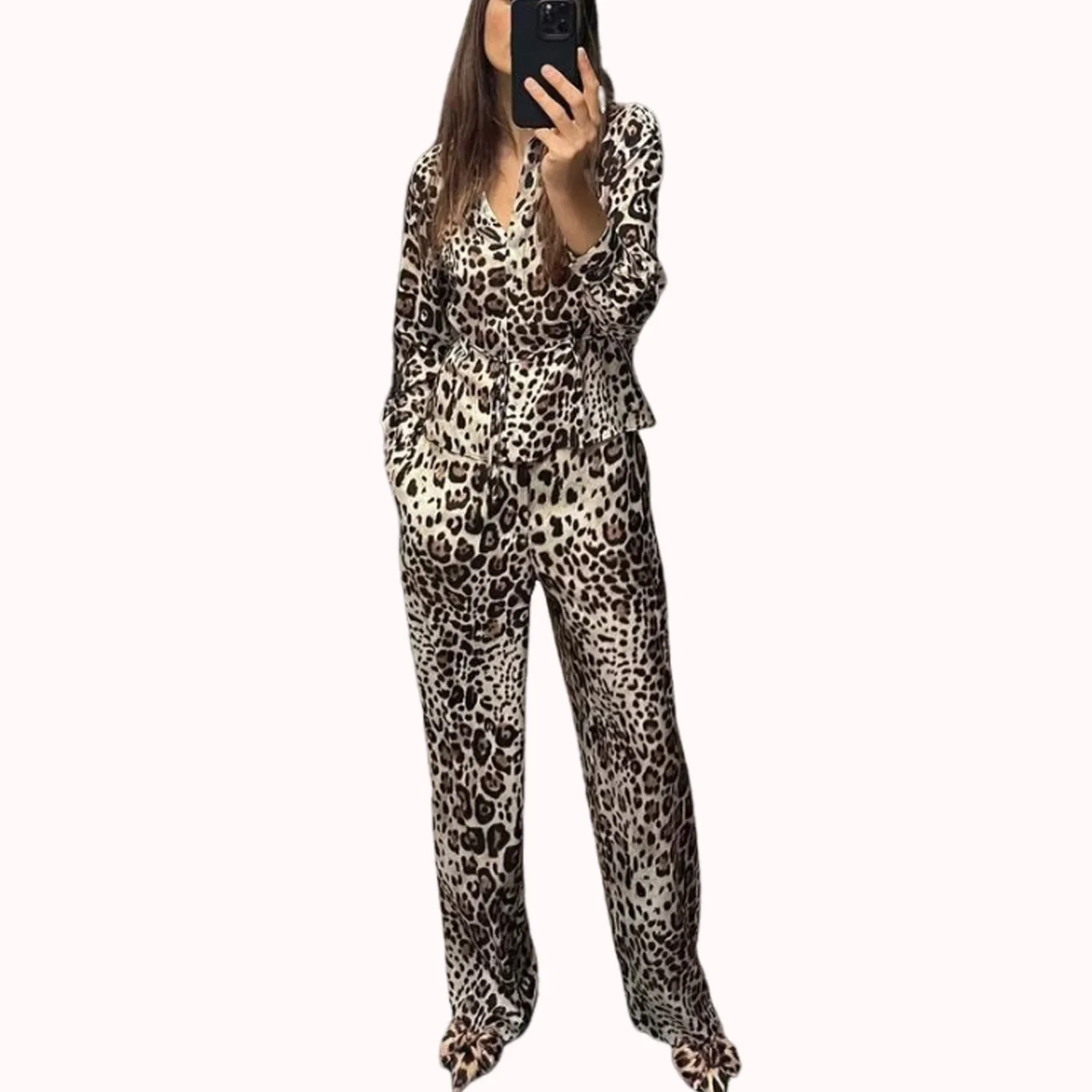 Women\'s New Satin Leopard Print Waist Tie up Shirt Fashionable and Casual Style Straight pants