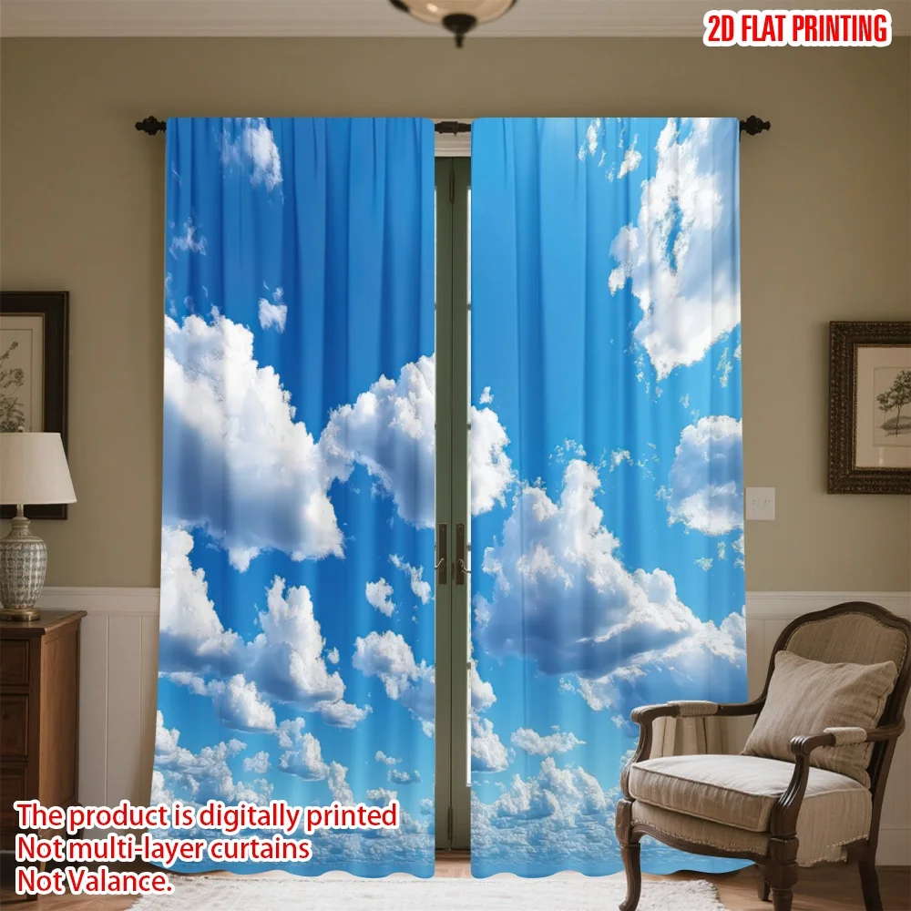 

2D flat printing 2pcs Window Treatment Curtains Fluffy White Clouds(1) Digital Printed Polyester Drapes Seasonal Party & Holiday