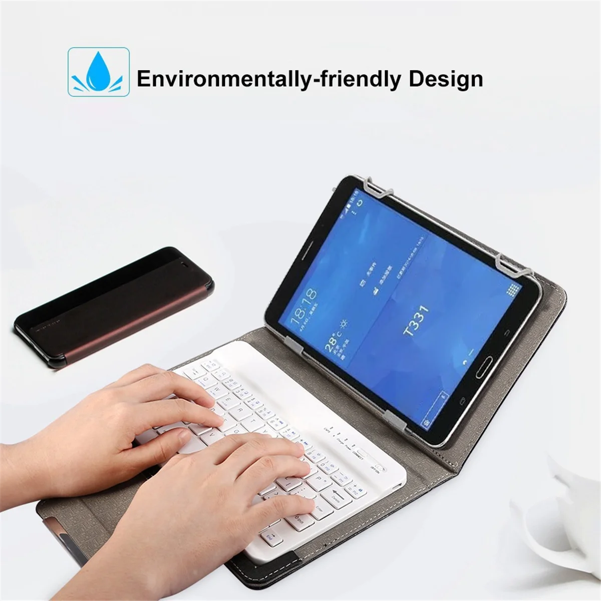 Beliebte 10-Zoll-Wireless-Bluetooth-Tastatur mit Ständer, PU-Ledertasche für Windows Android und IOS, Weiß