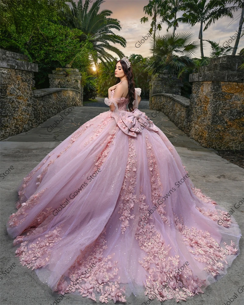 Customized 2025 Pink Quinceanera Dress Ball Gown Floral Applique Beading Bow Corset Sweet 16 Vestidos De 15 Anos