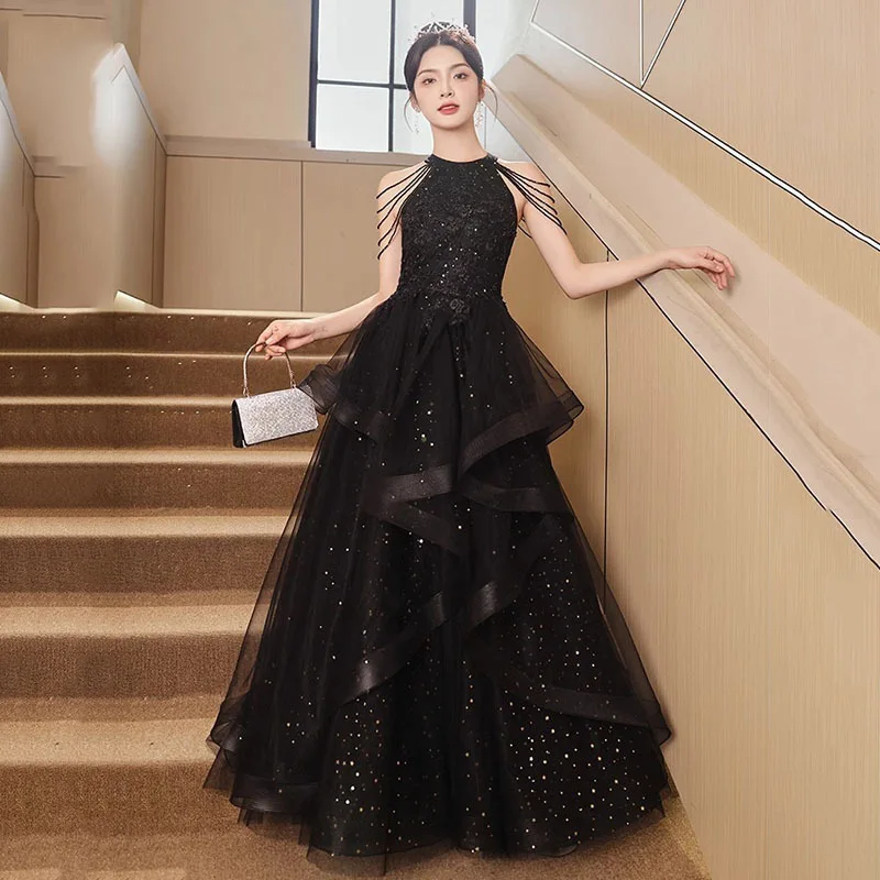 2026 Vrouwen Nieuwe Banket Kant Avondjurk Modieuze Afslanken Kralen Schouderbanden Multi Layer Garen Terug Band Lange Jurk