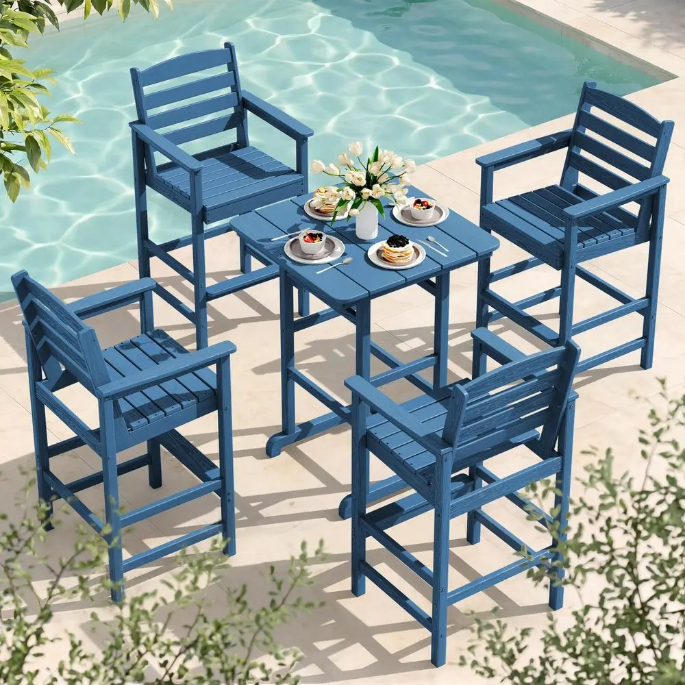 

5Piece Adirondack Bar Chair Set, HDPE Adirondack Barstools with Pub Table, Outdoor Patio Bar Furniture for Bistro, Balcony, Poo