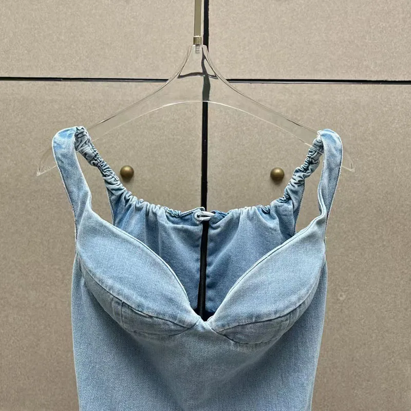 Women's gathered off-shoulder dress, sleeveless chest-wrapped one-shoulder denim washed mini skirt, high quality dress, 2026,y2k view 3