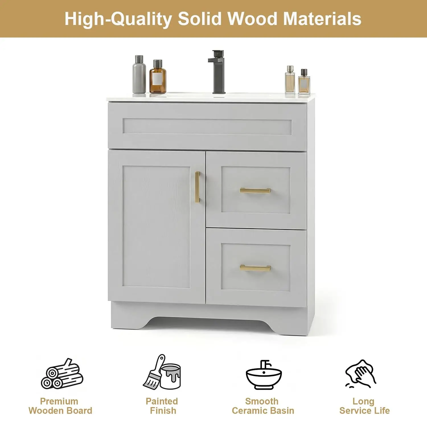 30 Inch Bathroom Vanity with Sink, Modern Shaker Bathroom Sink Cabinet with Soft-Close Door & 2 Drawers, Customized
