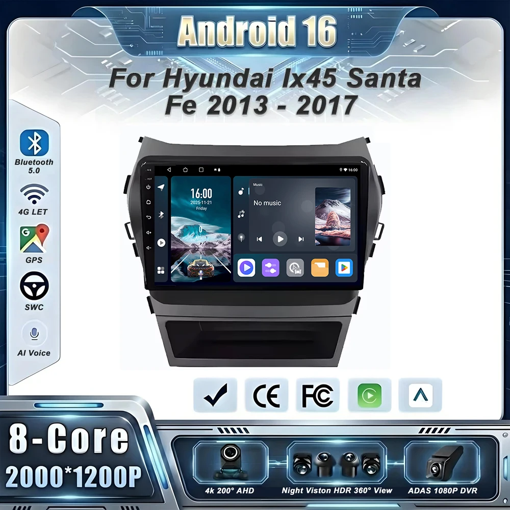 Radio para Auto Android 16 para Hyundai Ix45 Santa Fe 2013 2014 2015 2016 2017, GPS, Carplay, Reproductor Multimedia, Navegación, Estéreo, Auto DSP