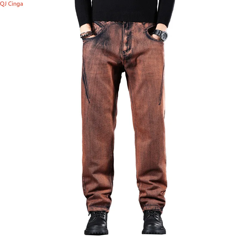 

2026 New Men's Rust Red Jeans Featuring Crane Embroidery Stretch Denim Pants Asian Fit Wide-Leg Trousers