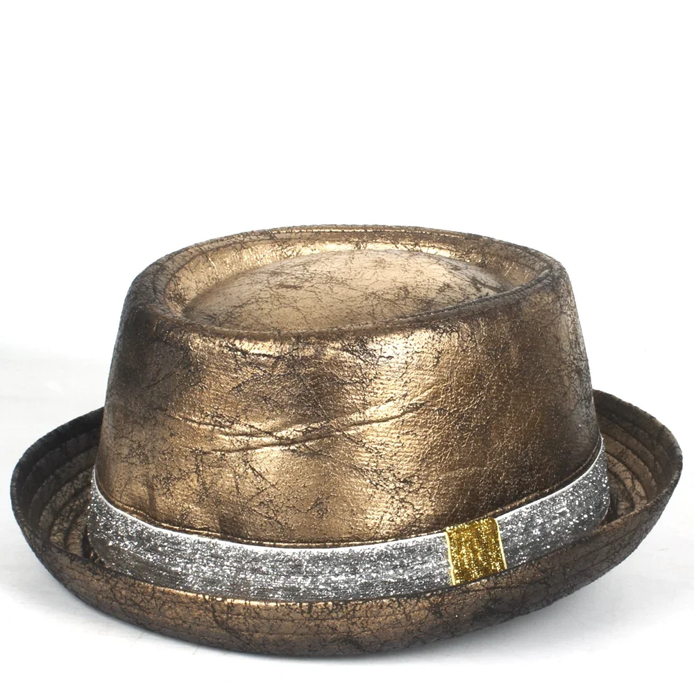 Men Leather Fedora Hat Gold Pork Pie Hat Gear Glasses Flat Steampunk Hat Top Hat For Gentleman Bowler Gambler Cosplay Hat