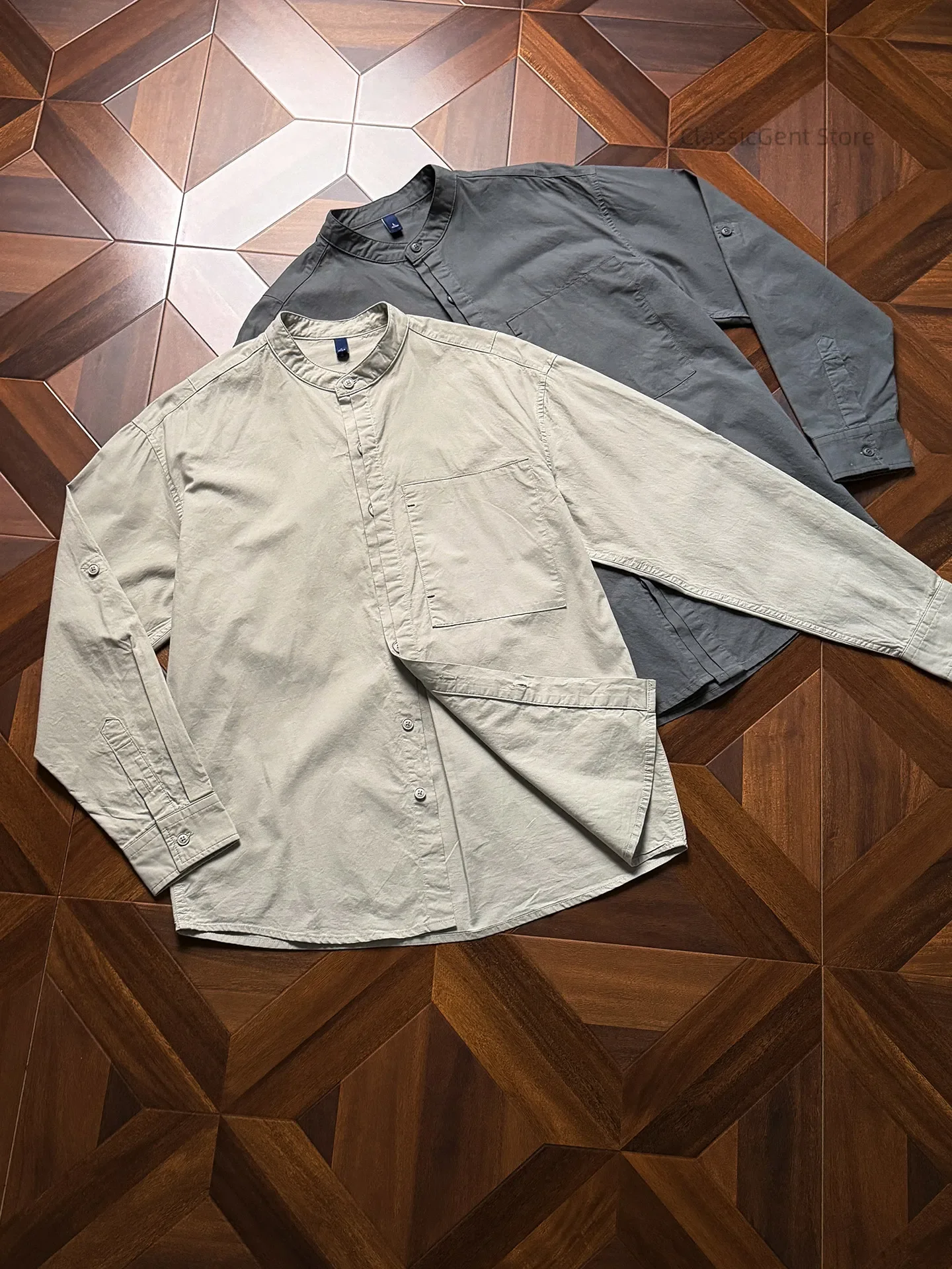 

New stacked inside, semi-hidden double-layer placket design 5.6OZ stand-up neck long-sleeved cotton and linen shirt