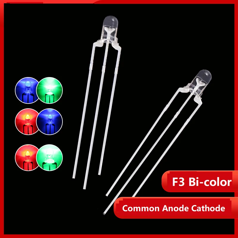 100PCS F3 Bi-color Red Green Blue Round Head Water Clear LED Common Anode Cathode