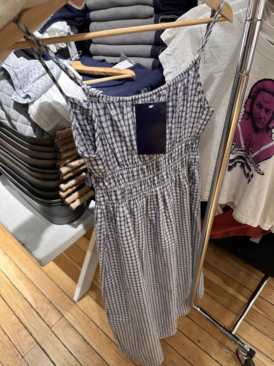 Abito longuette vintage scozzese blu scuro Donna Estate Elastico in vita A-line in cotone con volant Lace-up Vestido Dolce e carino Abiti lunghi con camicette Nuovo