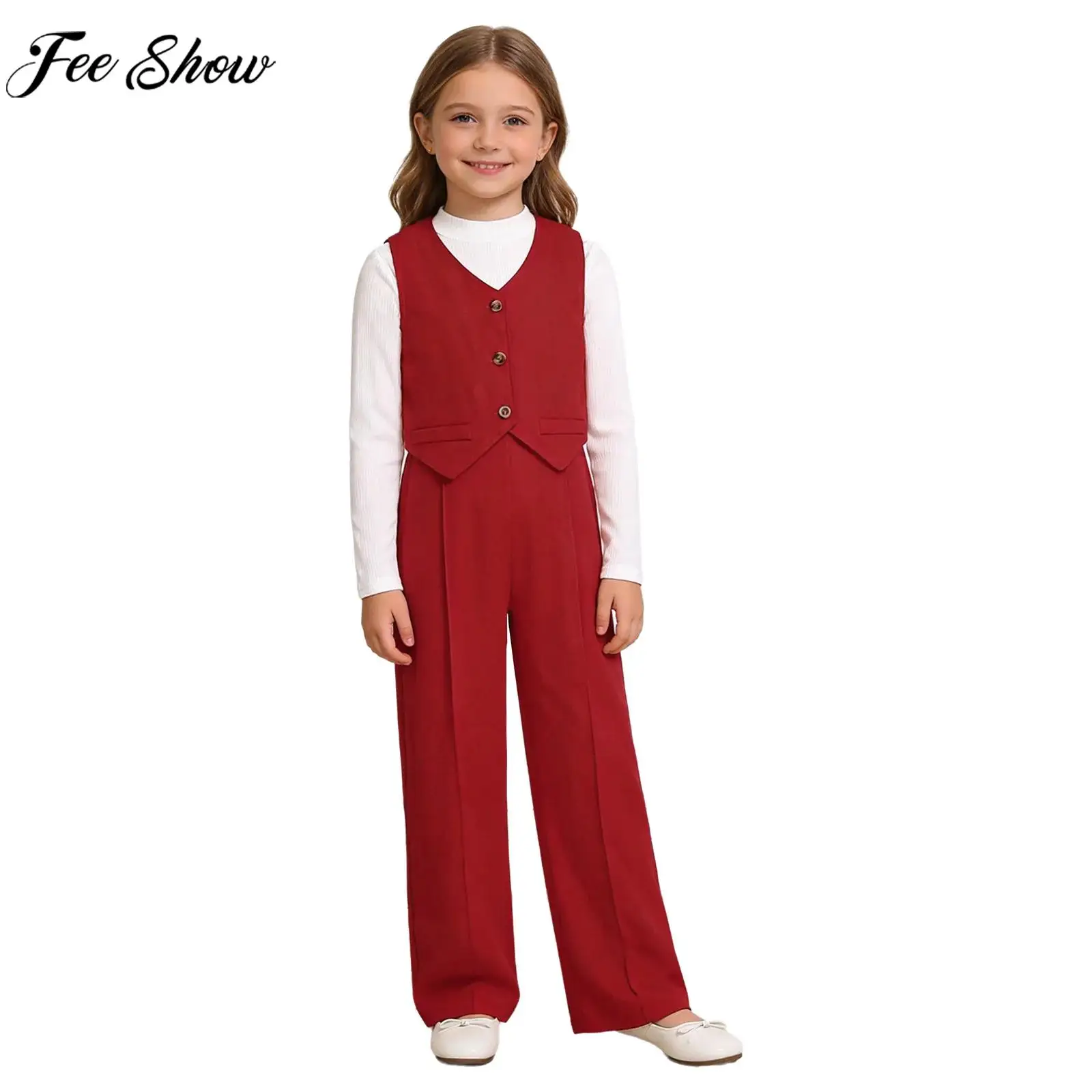 

Детский деловой костюм джентльмена в британском стиле для девочек, рубашка с длинными рукавами и жилетки, брюки для Рождества, дня рождения, свадьбы