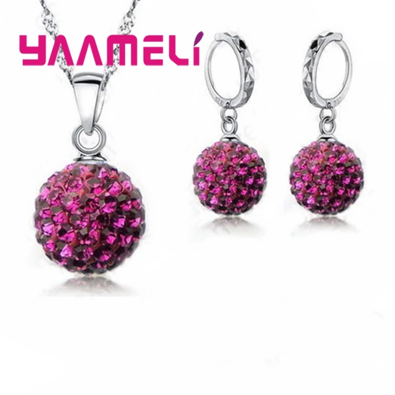 10 Colors Factory Price 925 Sterling Silver Jewlery Sets Micro Paved Crystals Round Ball Necklace Earrings For Women