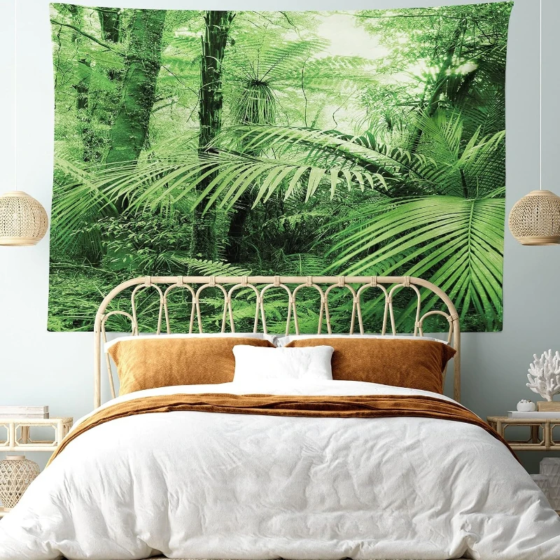 Rainforest Tapestry, Palm Trees and Exotic Plants in Tropical Jungle Wild Nature Theme Illustration, Wide Wall Hanging for