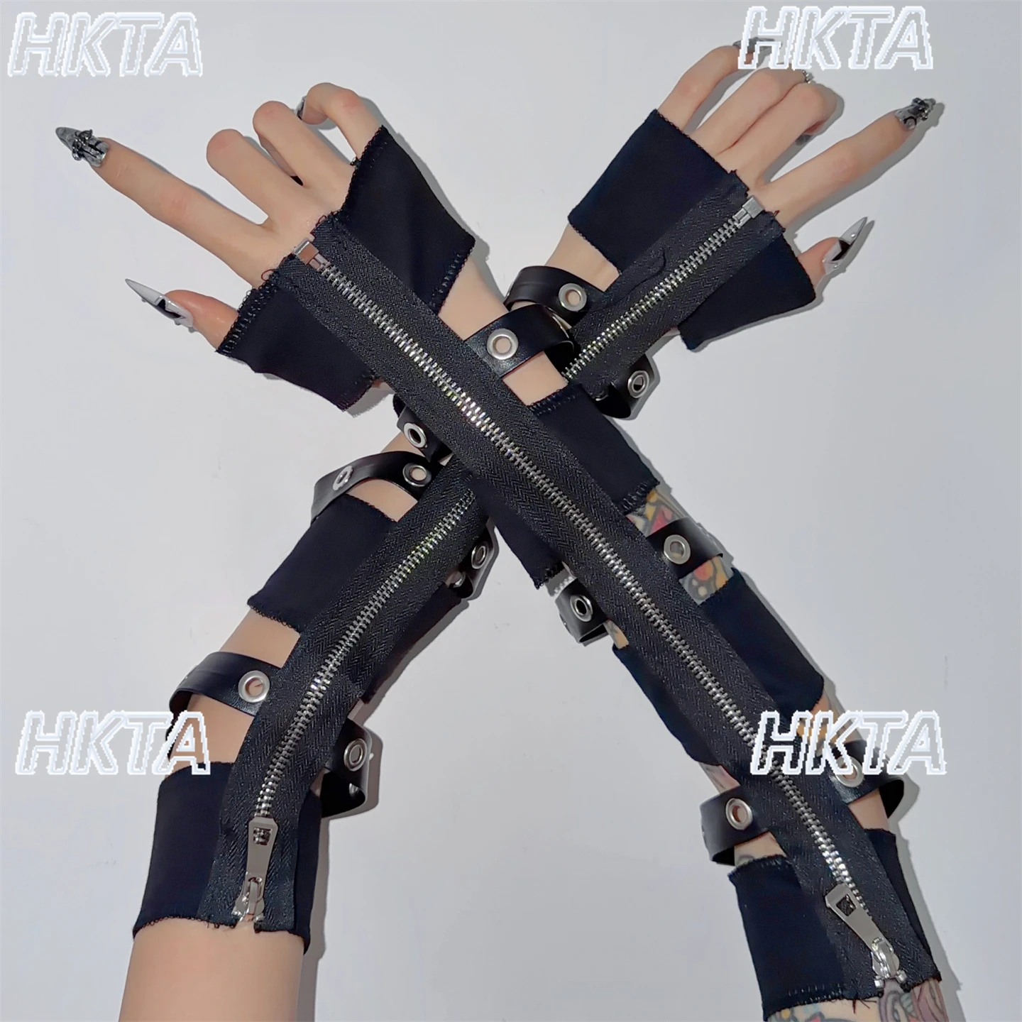 

Y2K горячая девушка субкультура европейский американский панк темные уличные полые длинные перчатки с половиной пальца с черными рукавами аксессуары для одежды женские