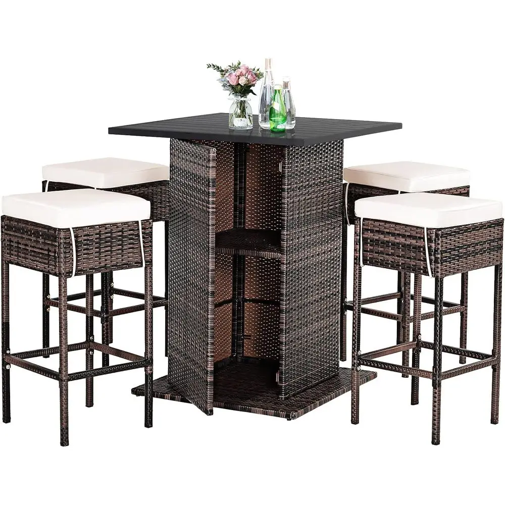 

Уличный барный комплект из ротанга из 5 предметов с мягкими стульями и столом для хранения для патио, зоны у бассейна или сада