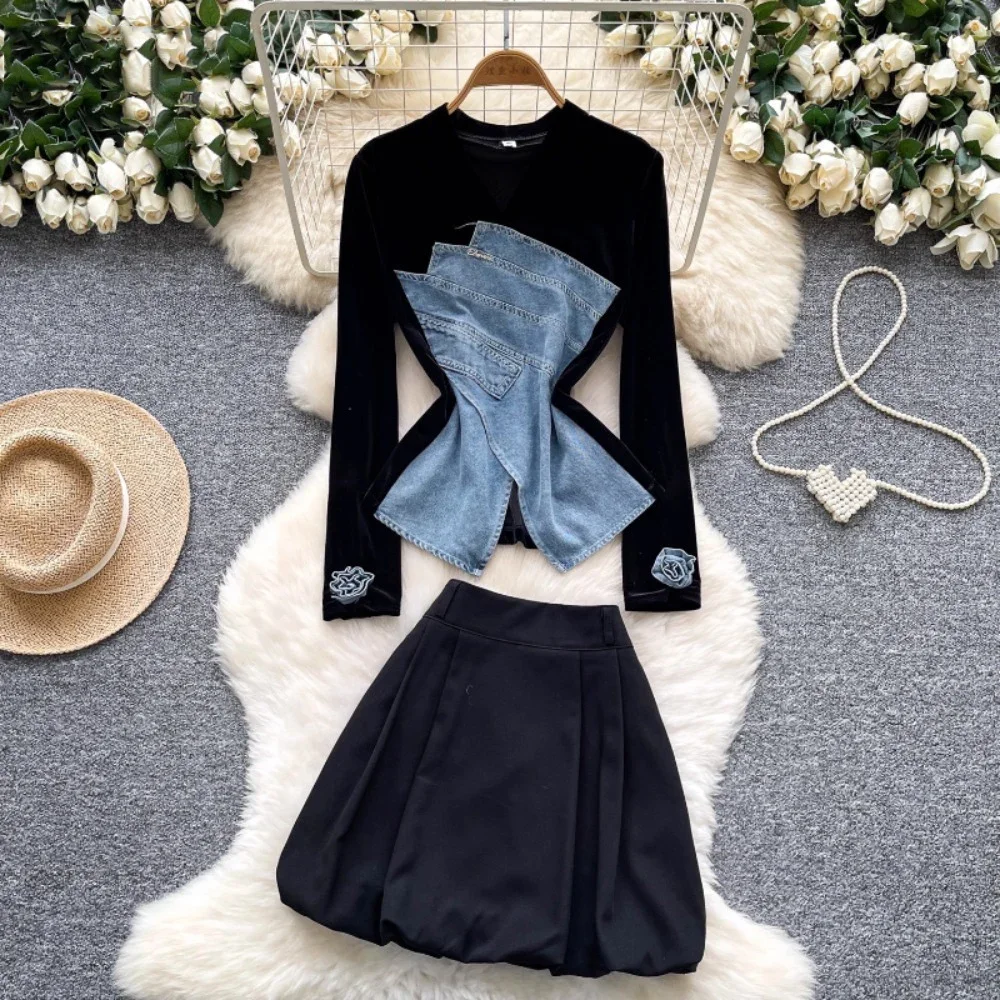 

Элегантные знаменитости во французском стиле из двух частей, нерегулярные лоскутные джинсовые топы с длинными рукавами и розой, короткая тонкая юбка с высокой талией