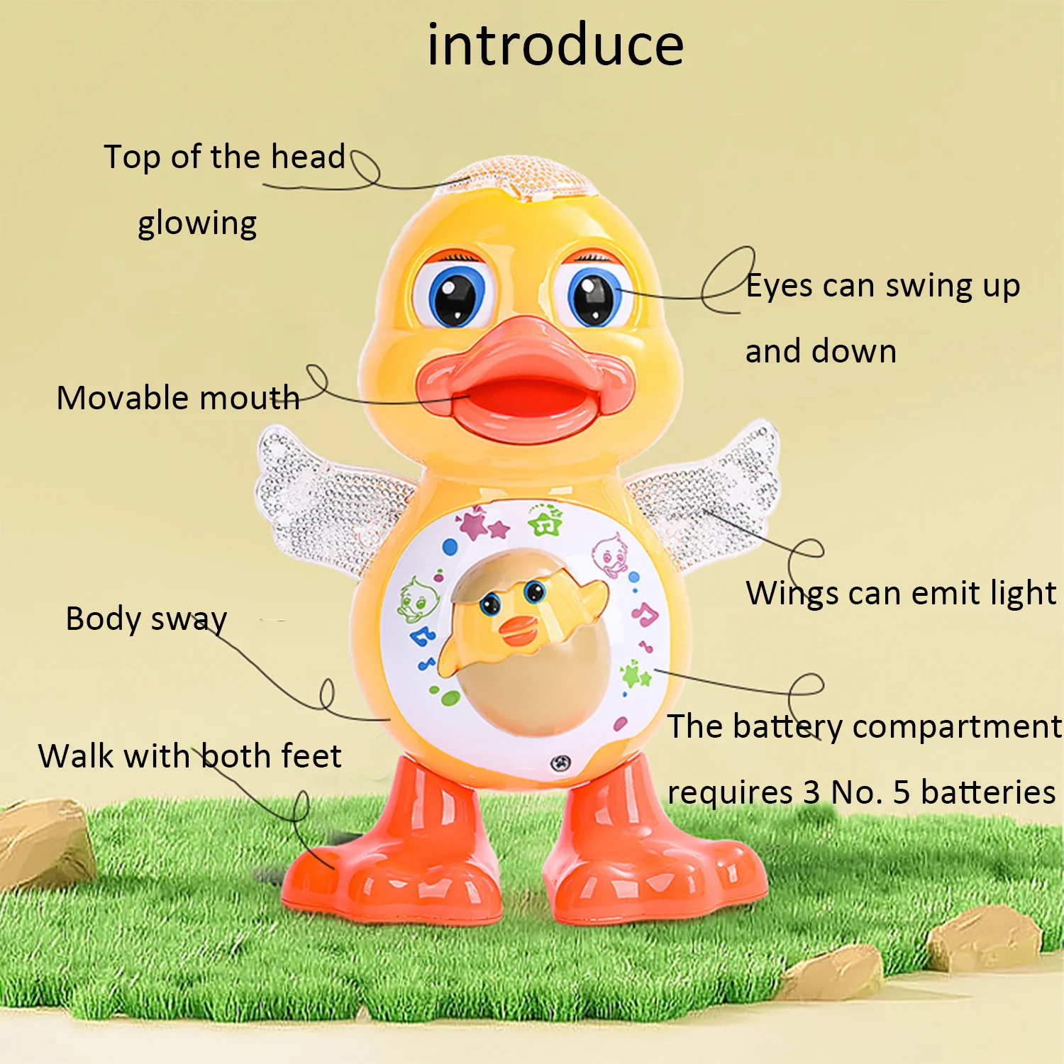 Singing, dancing, swinging cartoon ducklings, electric lighting, music, children's toys, self-contained batteries