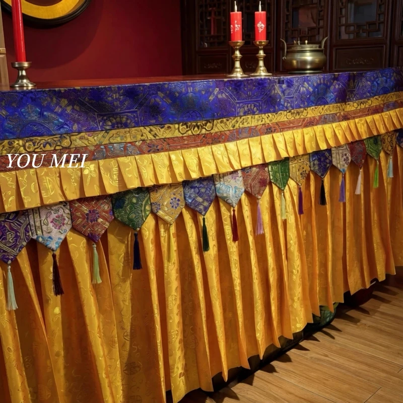 Buddhist Hall Arrangement Hanging Decoration,Tibetan-Style Yellow Satin Table Skirt Curtain,Prayer Flag Hanging Banner Curtain view 5