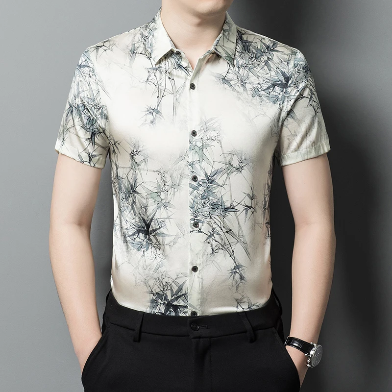 

HT9090 Мужские рубашки из натурального шелка в китайском стиле с коротким рукавом и принтом, летнее качество, легкая прохладость, легкий уход, Camisas De Hombre