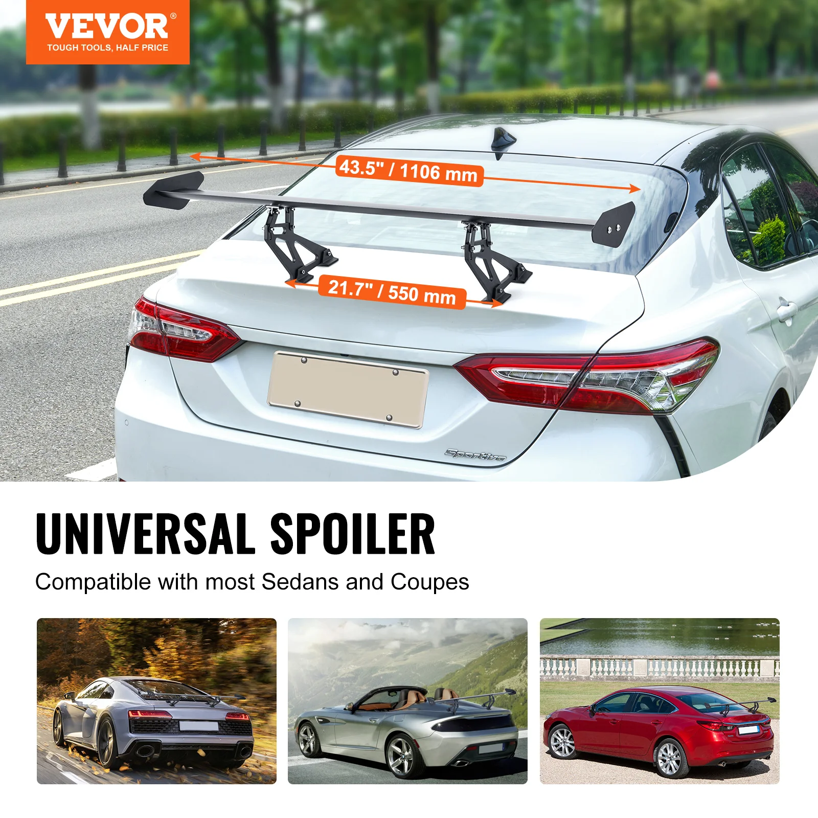 VEVOR GT Wing Car Spoiler 43.3 inch Universal Spoiler with Single Deck Adjustable Lightweight Aluminum Car Rear Spoiler Wing