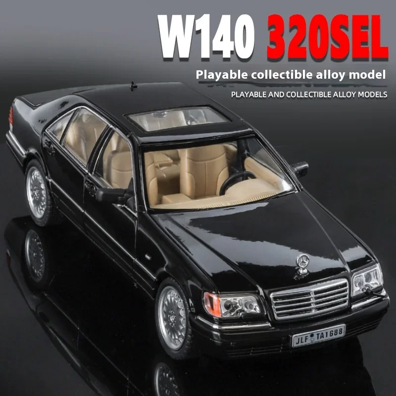 Modèle de voiture moulé sous pression en alliage de limousine classique, son et lumière, décoration de bureau, cadeau pour un ami, Mercedes Benz W140, 320SEL, 1/24