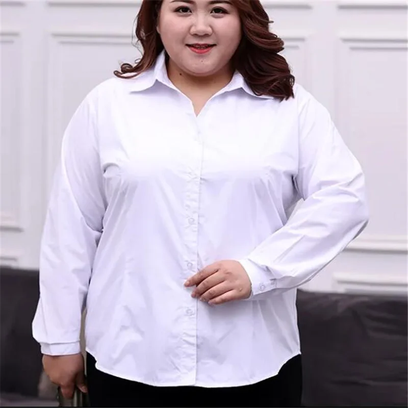 

Fat Women's Shirt Fertilizer Increase Loose Women Blouses White Long-sleeve Laple Button Up Formal Overalls Woman Blouses