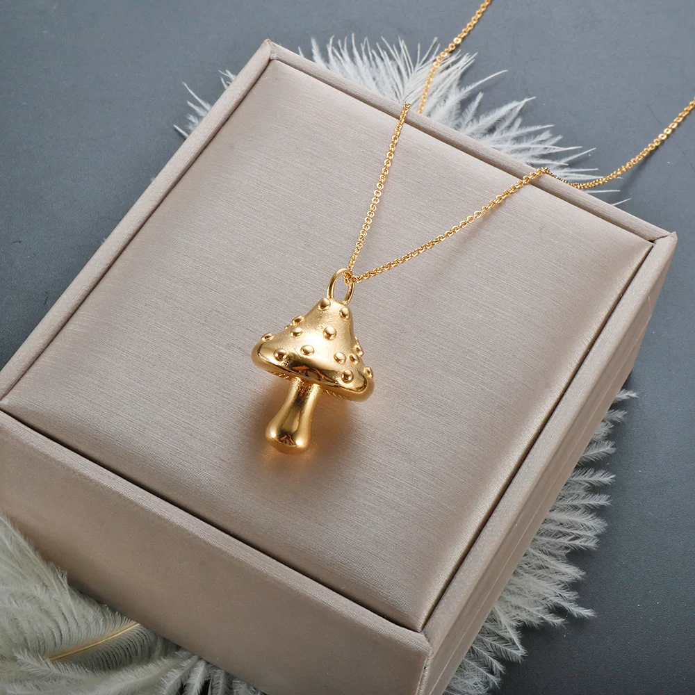 Stainless Steel High Quality Mushroom Pendant Necklace Gold Color Plated Jewelry for Women Men Couple Vintage Wholesales Jewelry