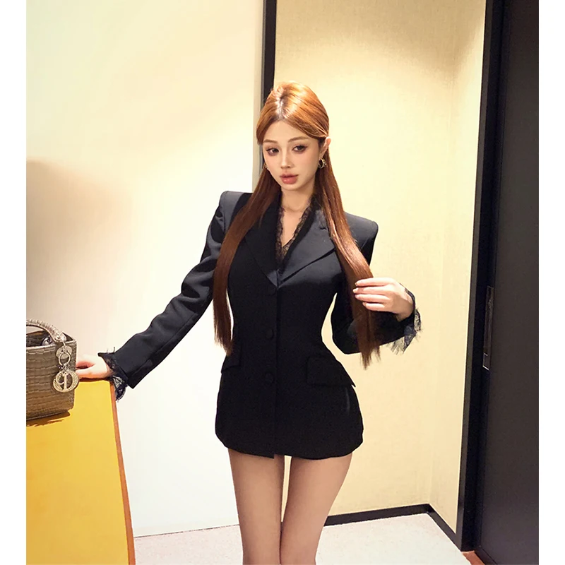 MEXZT 우아한 블랙 블레이저 여성 패션 레이스 패치 워크 정장 비즈니스 자켓 사무실 숙녀 한국 통근 코트 디자인 겉옷
