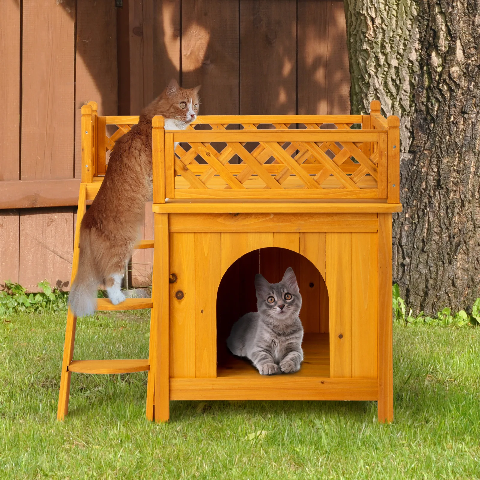 2-Story Yellow Wooden Feral Cat House Dog House for Outdoor and Indoor Pet House with Stairs