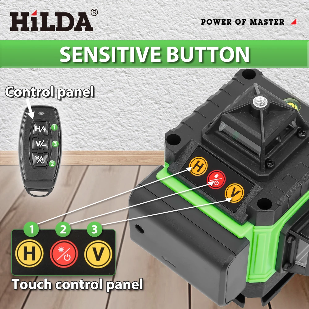 HILDA 4D 16 خط مستوى ليزر صغير أفقي عمودي عبر ليزر التسوية الذاتية أفضل أداة قياس الضوء الأخضر القابلة لإعادة الشحن