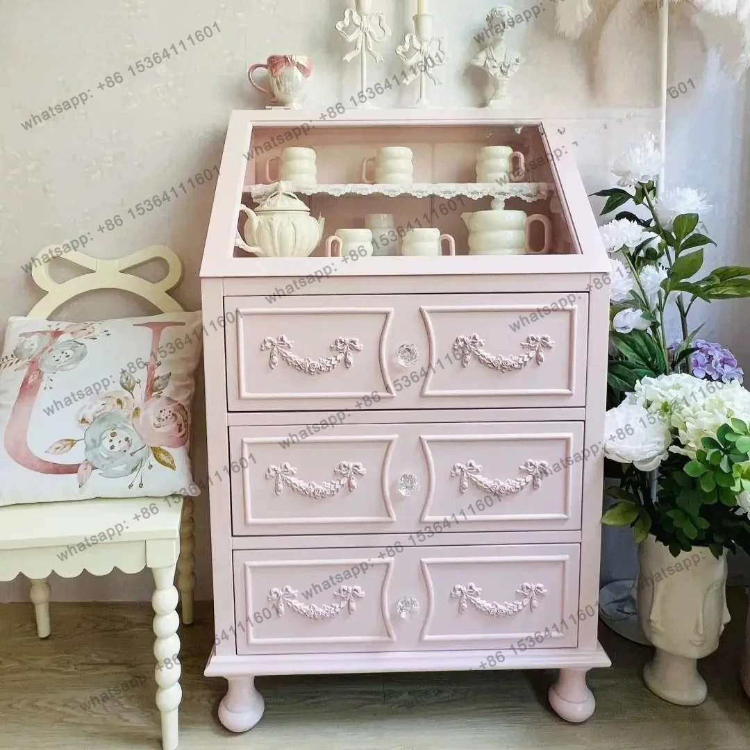 French glass surface solid wood dining side cabinet girl heart storage locker makeup jewelry display cabinet