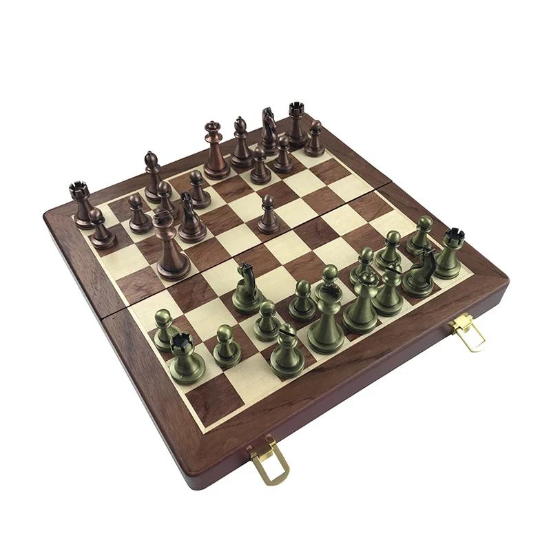 30 cm/11,8 Zoll High-End-Schachspiel, antike Bronze, faltbar, Massivholzkiste, Legierung, gewichtete