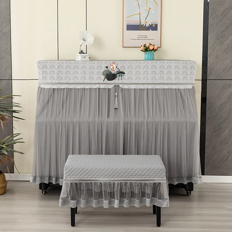 Korean Embroidered Piano Cover Set High End Lace Edge Piano Protective Case Modern Minimalist Piano Stool Dust Cover
