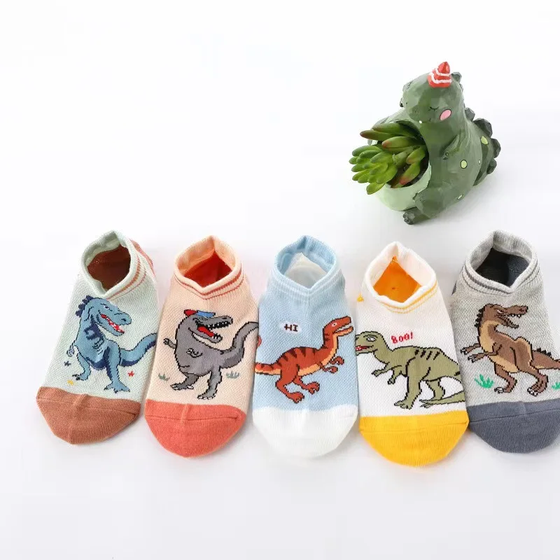 Lawadka Children's Boy Socks Dinosaur Pattern Summer Mesh Casual Cartoon Kids Socks For Boys Students Sport Sock 1-12Y 5Pairs