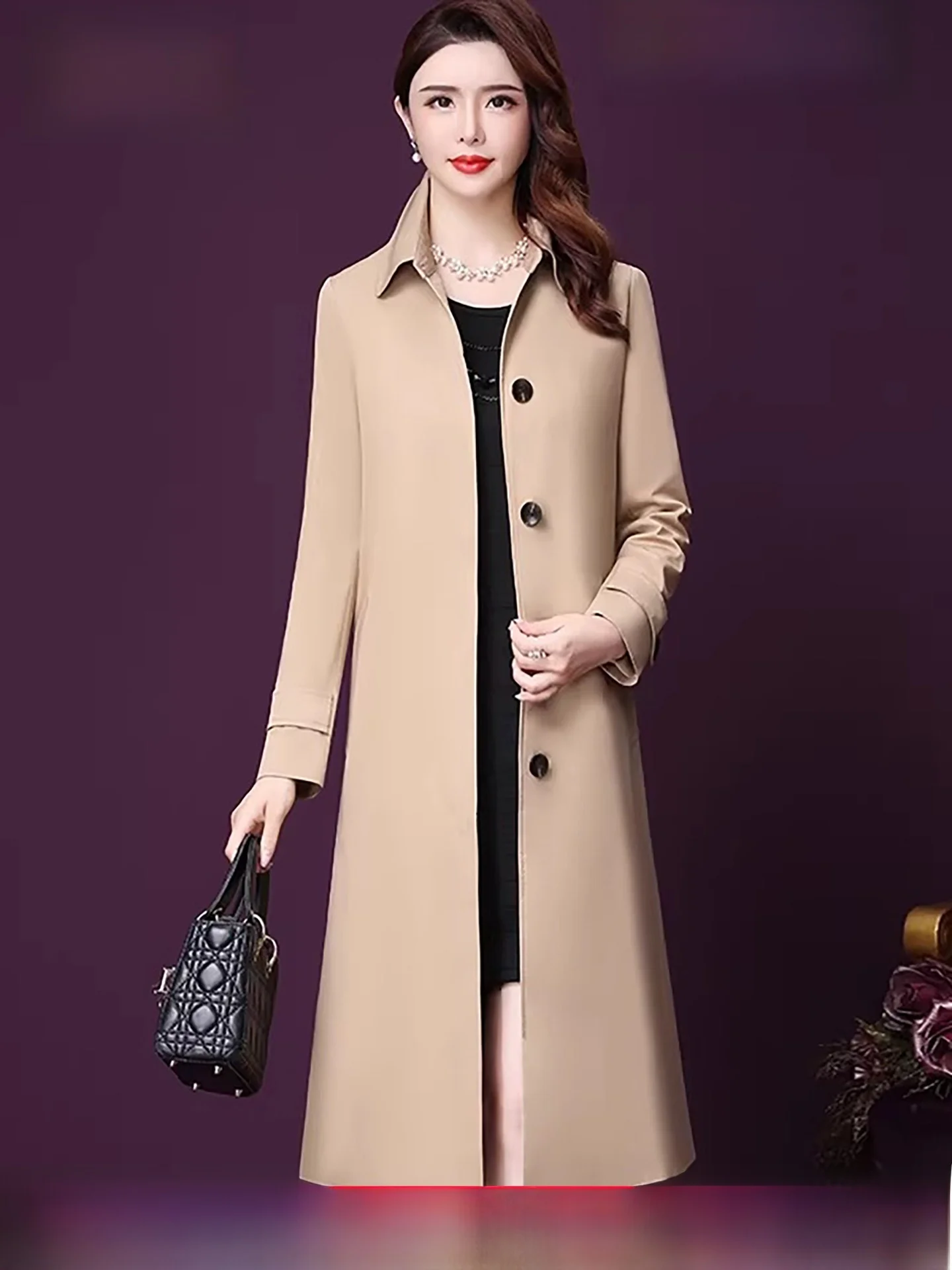 Elegante Abrigo de Mujer hasta la Rodilla de Wang Xiaoya, Primavera 2026, Estilo Coreano, Mezcla de Poliéster y Algodón, Manga Larga