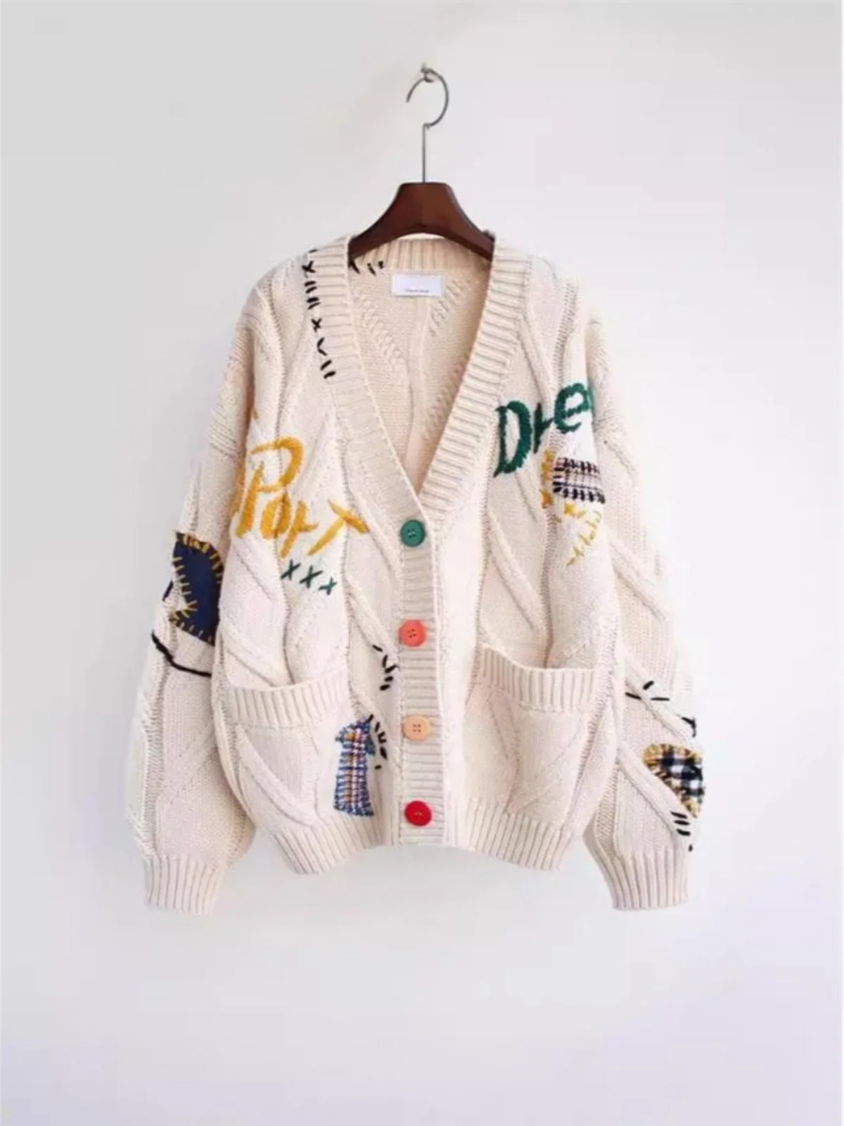 

Regular Length Women's Knitwear Laid Embroidered Sweater Loose Knitted Coat Sweet