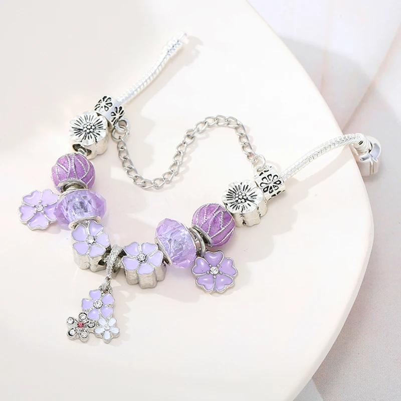 Boosbiy Purple Flower Beads With Pendant Snake Chain DIY Brand Charm Bracelet For Women Jewelry Gift New Desgin