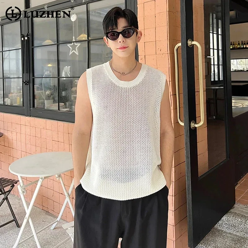 LUZHEN High Quality Knitted Mesh Sleeveless Tank Tops Elegant Men's Solid Color Casual Knitted Pullover Sweaters 2024 New LZ2306