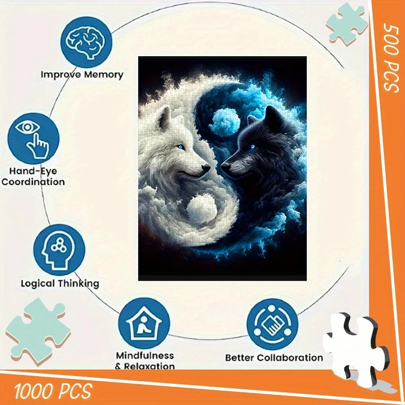 Puzzle 500/1000 pièces, Puzzle en papier pour bricolage, loup noir et blanc, motif Taiji, peinture abstraite artistique, Puzzle pour adultes, adapté pour H
