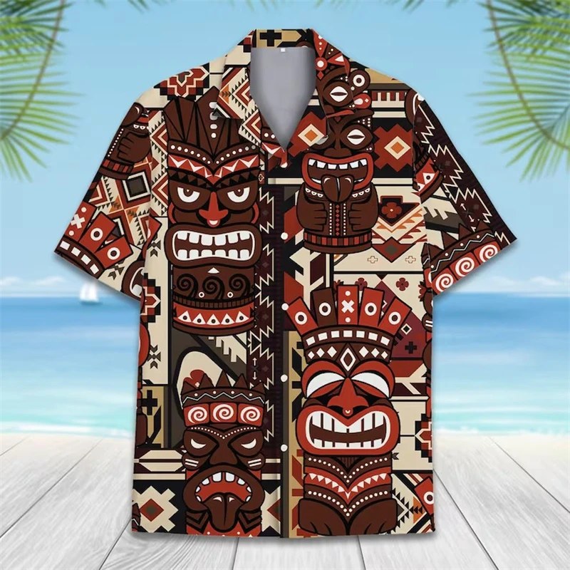 

Polynesia Tiki Mask Hawaiian Shirt Men Women Fashion Casual Tiki Aloha Shirt Short Sleeve Button Summer Tropical Beach Shirt