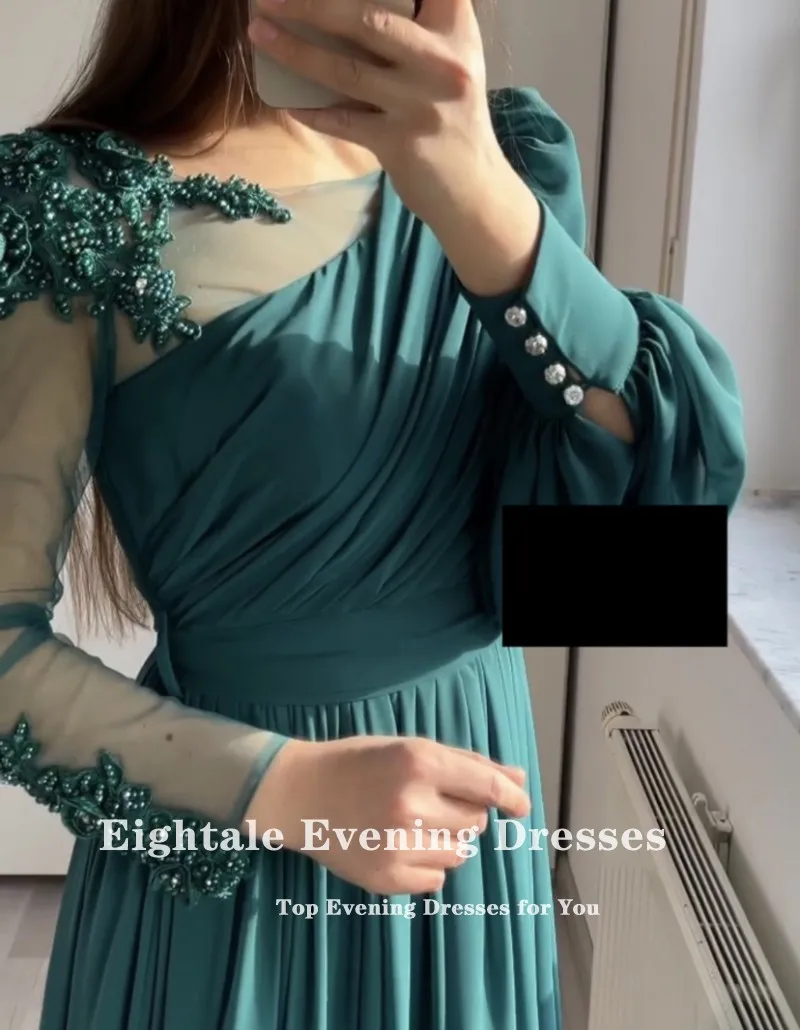 Eightale Vintage Evening Dress for Wedding Party Chiffon Beaded Long Sleeve Green Appliques Customized Prom Gowns Dress