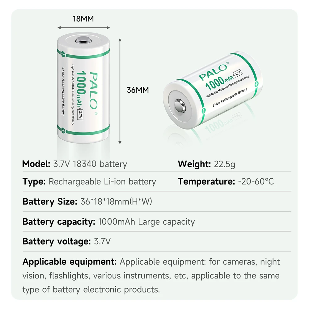 PLAO 3.7V 18350 Lithium ion Battery Top button 18340 Li-ion Rechargeable Batteries for Flashlights Doorbell Camera Electric tool