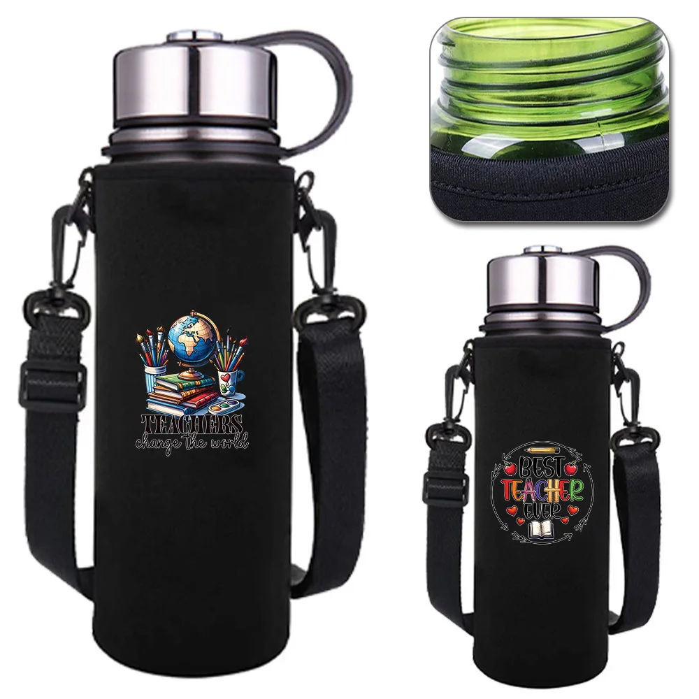 

550-1500ML Insulated Water Bottle Sleeve Adjustable Strap Teacher Print Portable Outdoor Water Bottle Carrier for Hiking, Travel