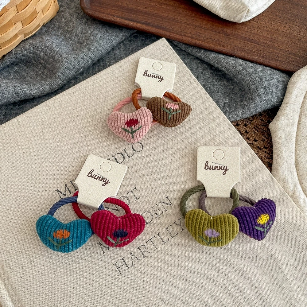 Cartoon Heart Hair Tie for Girls Elastic Hair Bands Children Cotton Hair Accessories Cute Floral Embroided Ponytail Holder