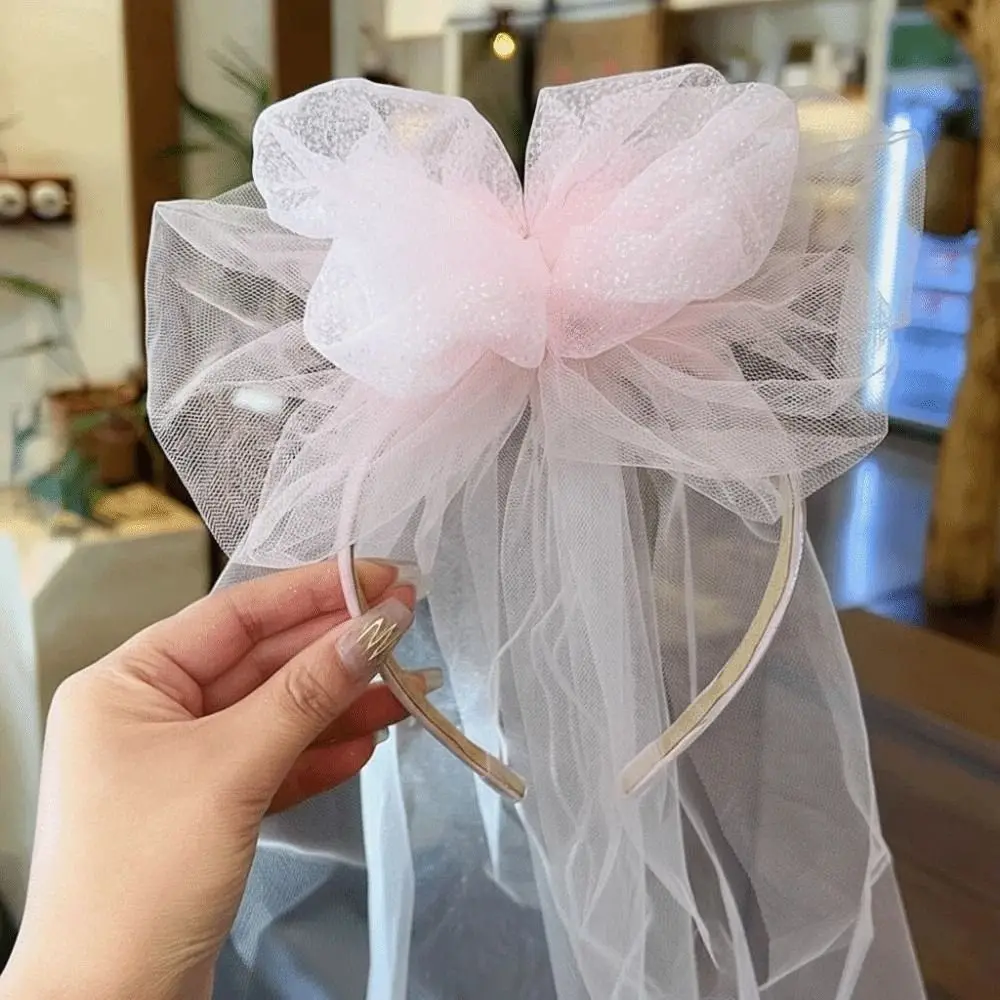 

Portable Flowing Bow Veil Hair Hoop Mesh Beige Girls Head Gauze Pink Polyester Bridal Tulle Birthday Headdress
