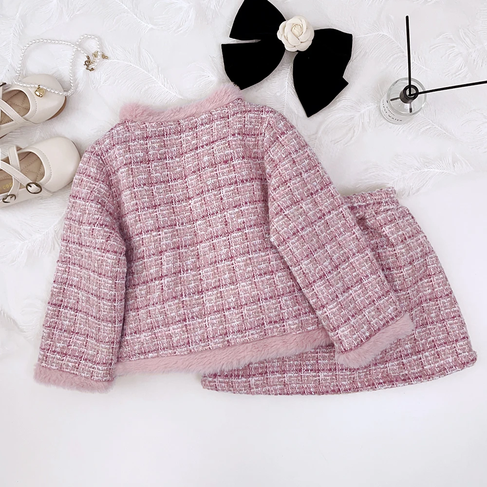 Bear Leader Winter Thickened Warm Clothing Girls Plaid Coats and Skirts 2Pcs Sets Children\'s Pearls Buttons Princess Outfits